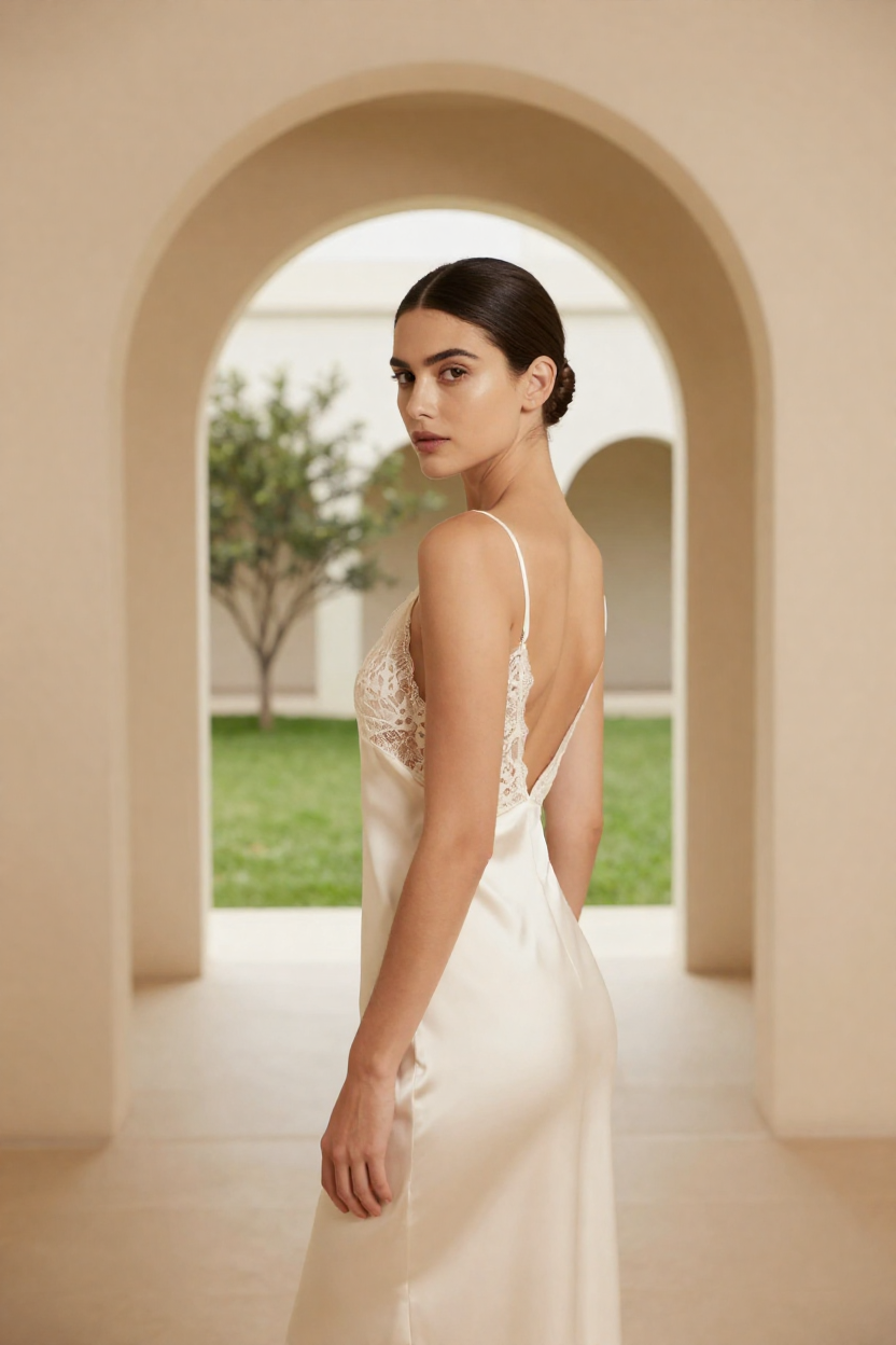 Fictional 27-year-old woman, long dark hair gathered into a low chignon at the nape, defined brows,