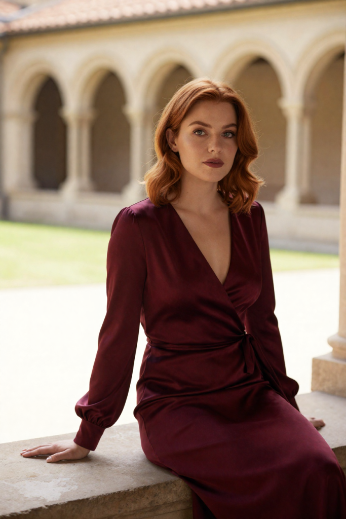 AsiaPortal muse in a burgundy silk wrap dress seated on the cloister walk